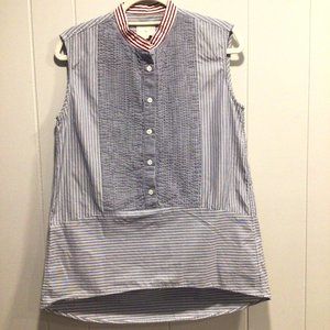 Boy. by Band of Outsiders Collarless Pintuck Sleeveless Woven Blue Tick Tunic